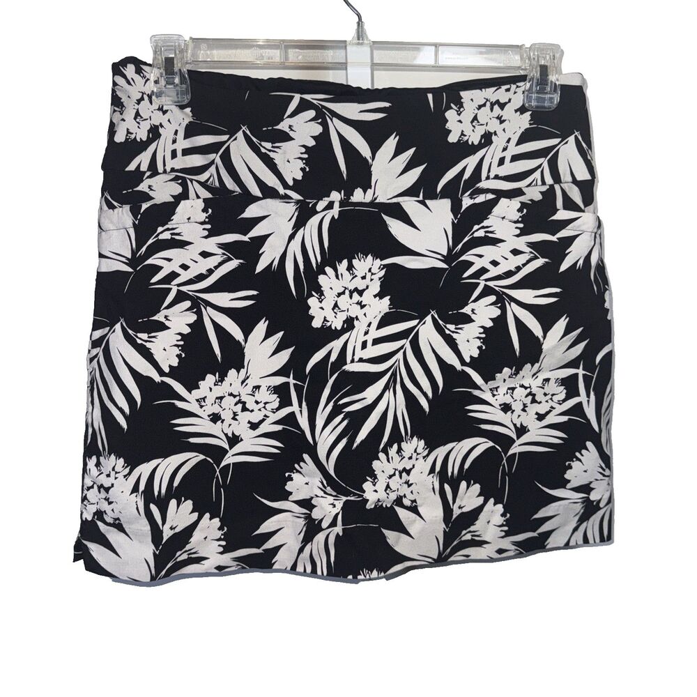 Black White Tropical Floral Skort Skirt Stretch Pull On Women Size Large